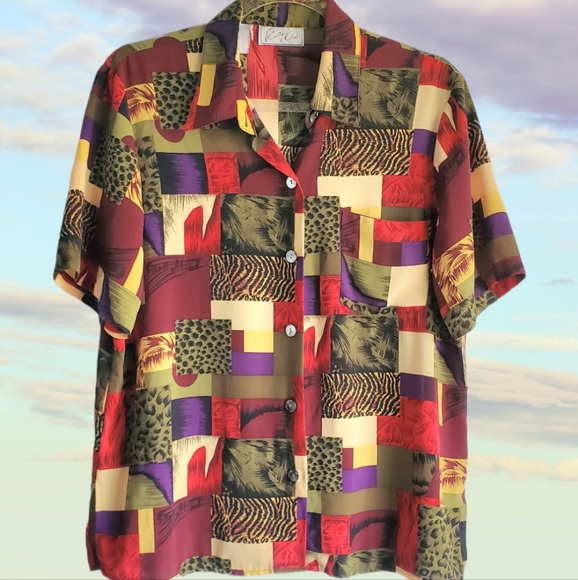 Vintage Tops - Vintage Animal Print Colorblock Button-down